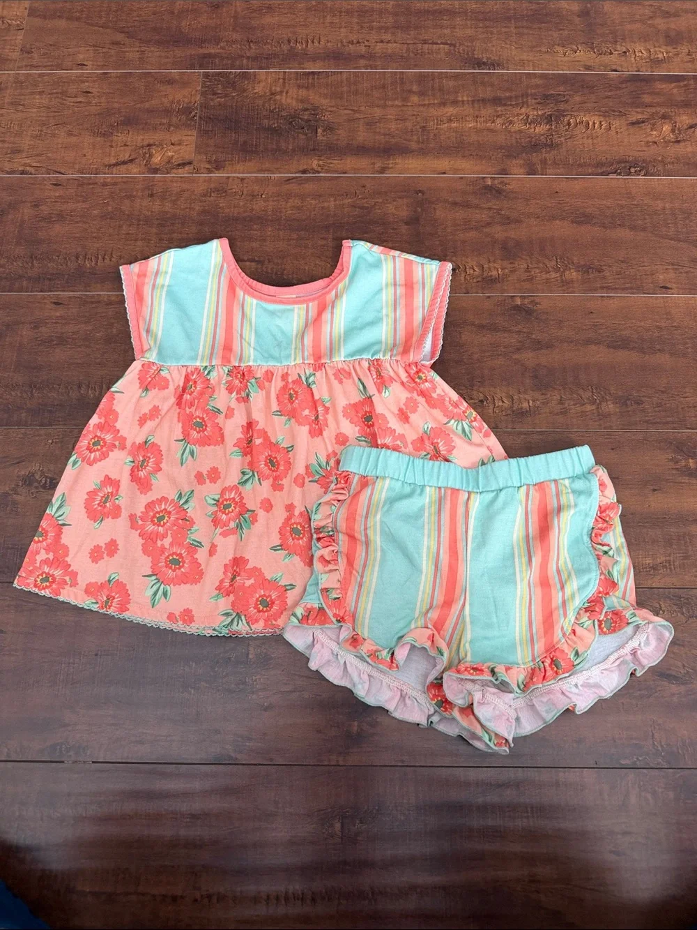 Girls Coral Floral & Aqua Stripe Two-Piece Set - Kids Accessories